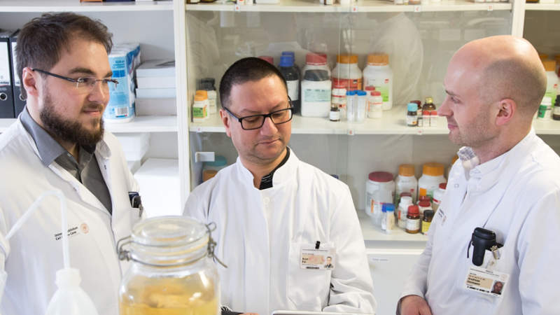 Marcel Naumann, Dr. Arun Pal, and Prof. Andreas Hermann in the lab