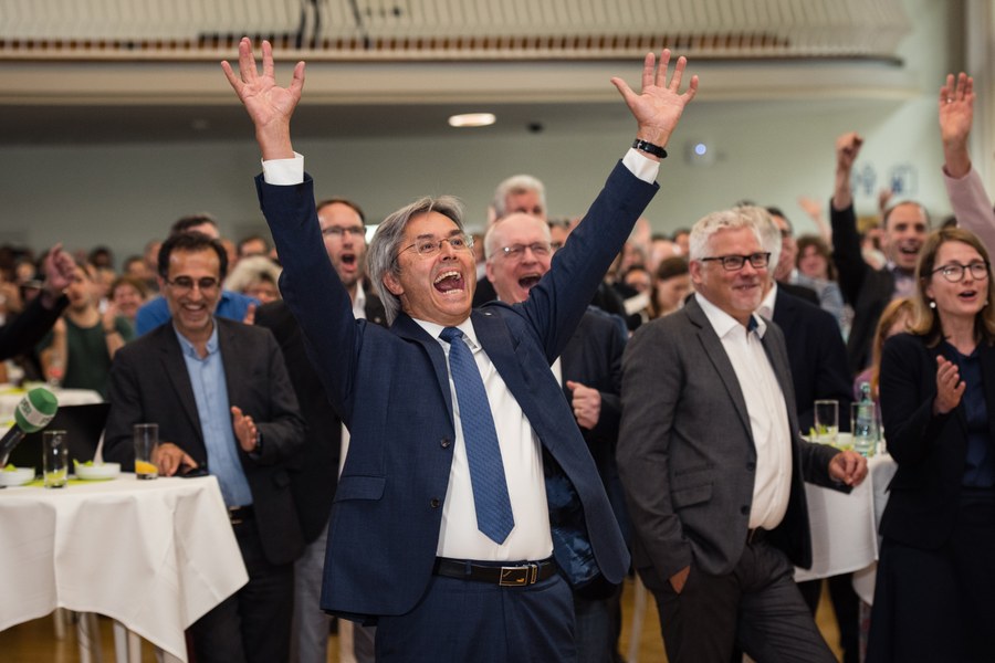 Cheering crowd after the announcement